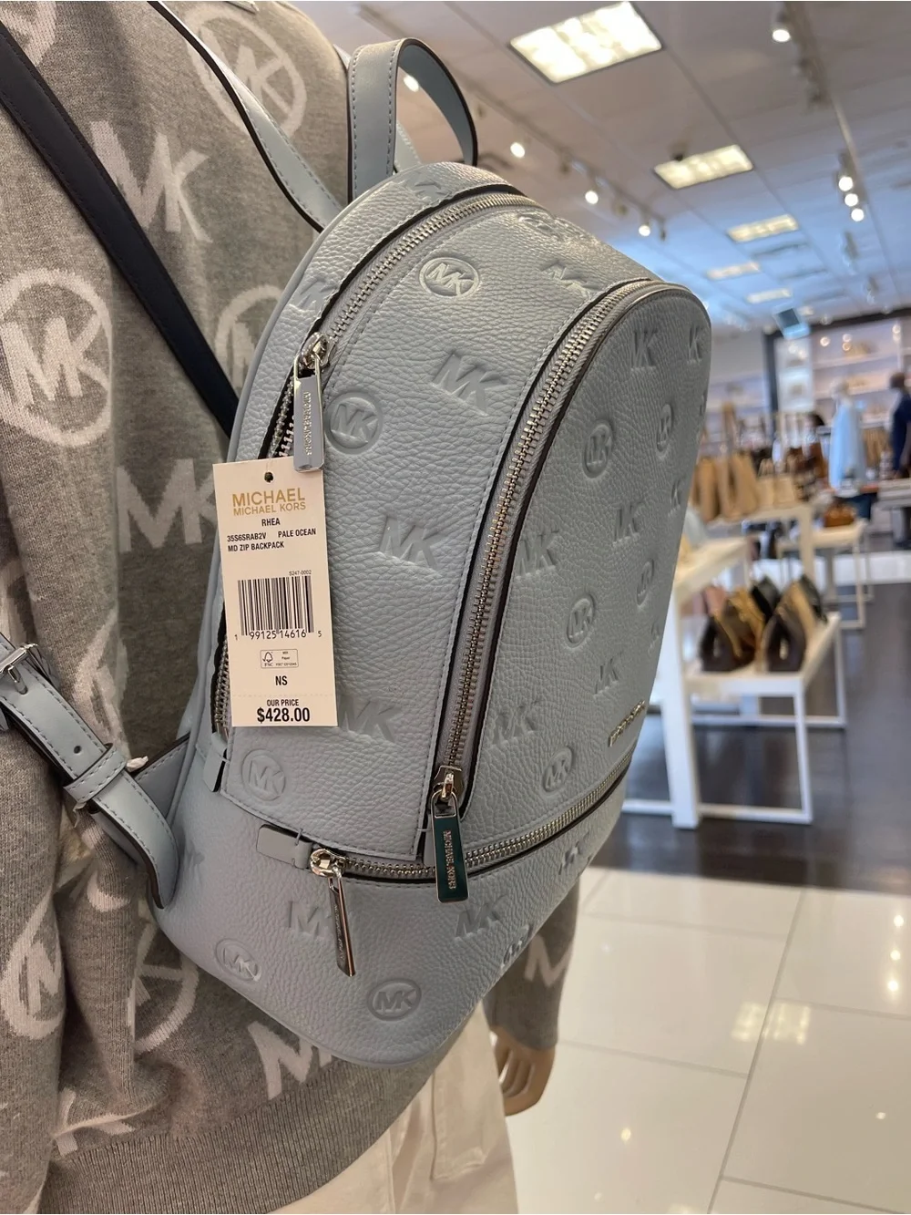 Michael Kors Rhea Medium Zip Logo Debossed Backpack Pale Ocean NWT